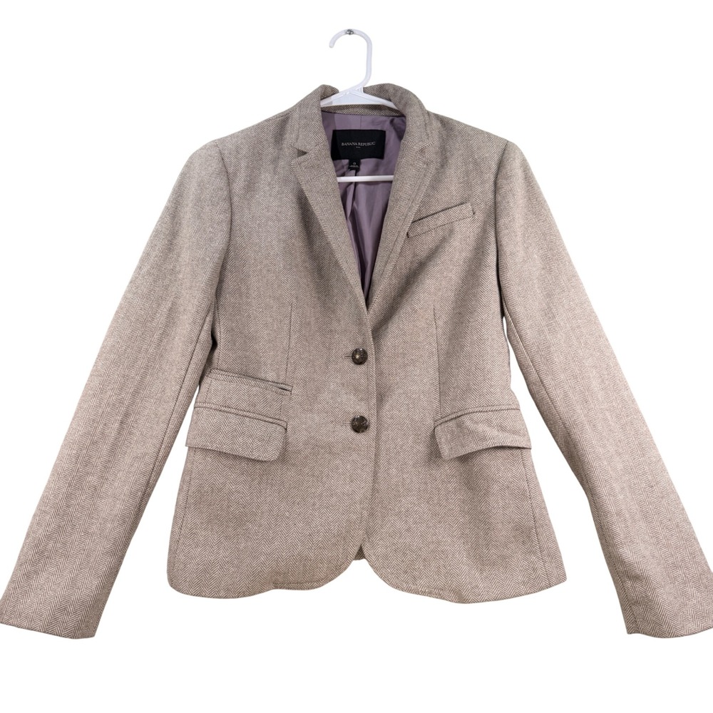 Banana Republic Blazer Herringbone Wool Blend Size 0 Tan Crested Professional